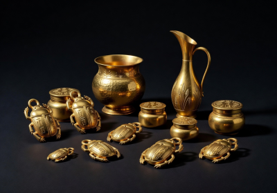 Ancient Egyptian gold artifacts including scarab amulets and golden vessels on dark background