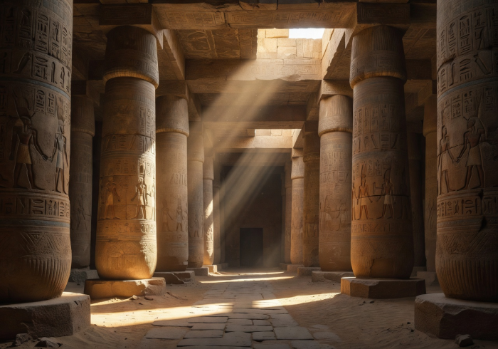 Ancient Egyptian temple interior with dramatic cinematic lighting and towering stone columns