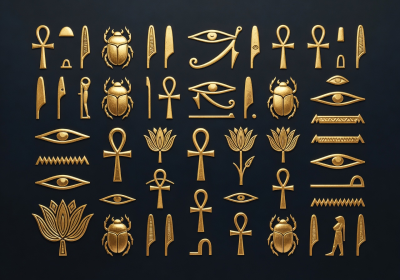 Elegant Egyptian hieroglyphic patterns in gold on dark luxurious minimal background