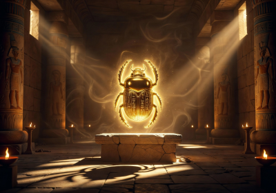 Glowing golden scarab beetle symbol with mystical Egyptian lighting effects