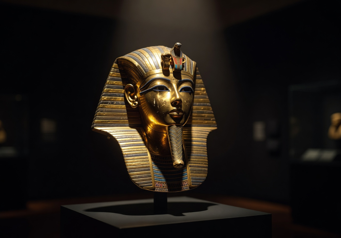 Golden Egyptian pharaoh mask artifact displayed in dramatic museum lighting