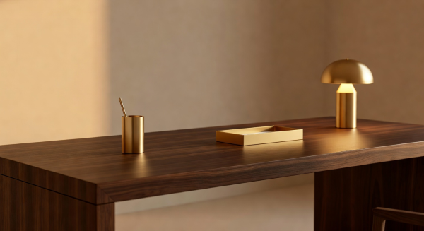Luxury minimal workspace with warm golden tones and elegant gold accent desk accessories